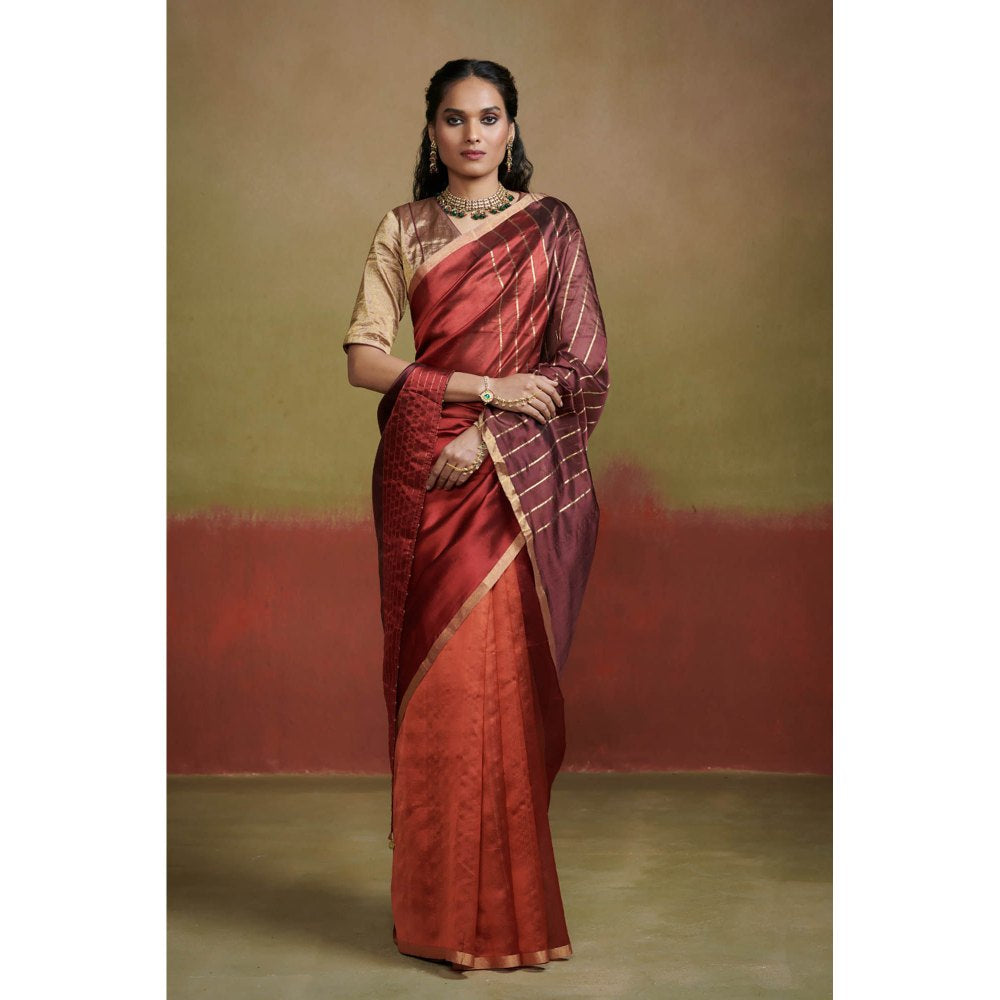 Dressfolk Gold and Maroon Chanderi Silk Saree with Glass Beads and Coins without Blouse