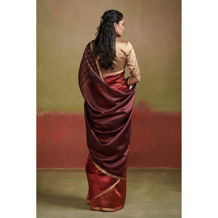 Dressfolk Gold and Maroon Chanderi Silk Saree with Glass Beads and Coins without Blouse