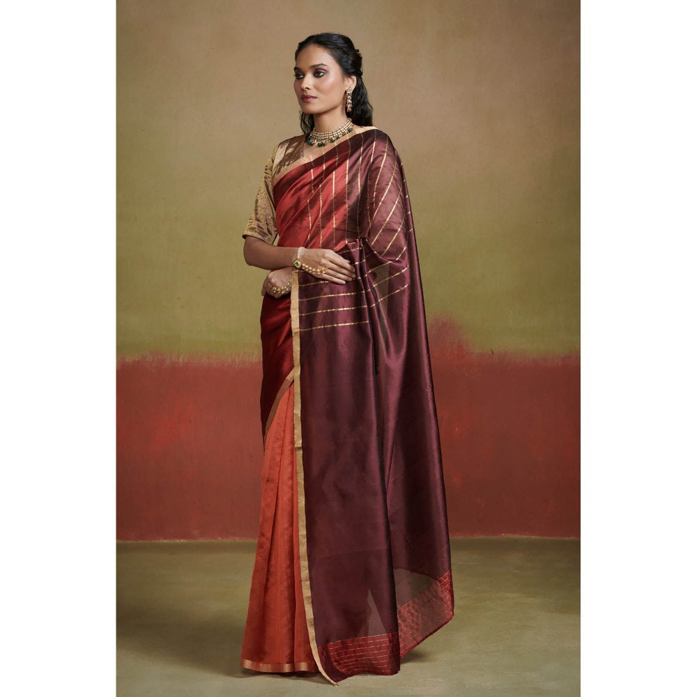 Dressfolk Gold and Maroon Chanderi Silk Saree with Glass Beads and Coins without Blouse