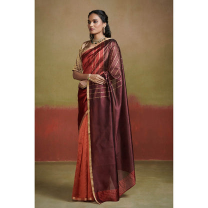 Dressfolk Gold and Maroon Chanderi Silk Saree with Glass Beads and Coins without Blouse