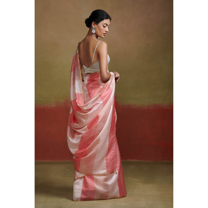 Dressfolk Handloom Silk Saree with Pastel Pink Stripes without Blouse