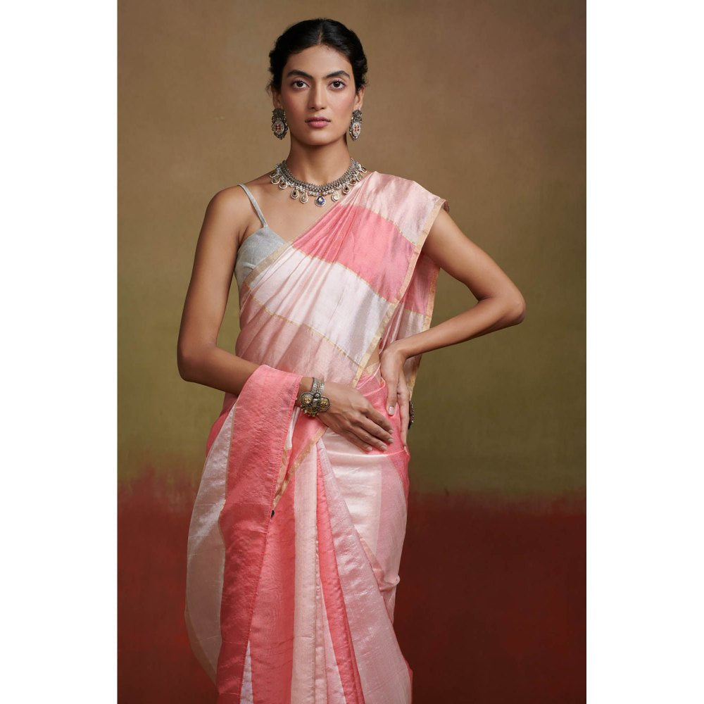 Dressfolk Handloom Silk Saree with Pastel Pink Stripes without Blouse