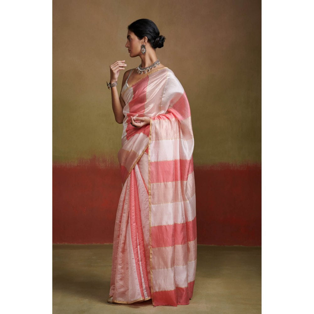 Dressfolk Handloom Silk Saree with Pastel Pink Stripes without Blouse