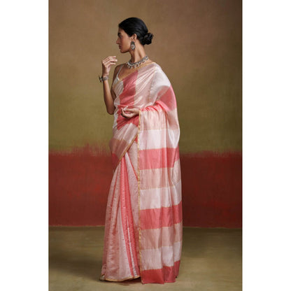 Dressfolk Handloom Silk Saree with Pastel Pink Stripes without Blouse