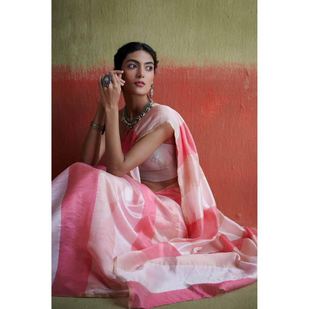 Dressfolk Handloom Silk Saree with Pastel Pink Stripes without Blouse