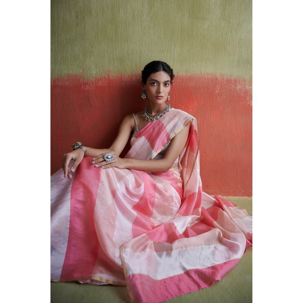 Dressfolk Handloom Silk Saree with Pastel Pink Stripes without Blouse