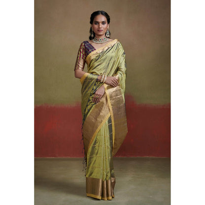 Dressfolk Green Chanderi Silk Saree with Zari Stripes without Blouse