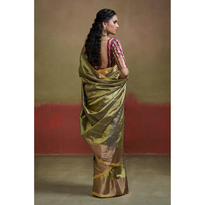Dressfolk Green Chanderi Silk Saree with Zari Stripes without Blouse
