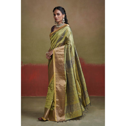Dressfolk Green Chanderi Silk Saree with Zari Stripes without Blouse