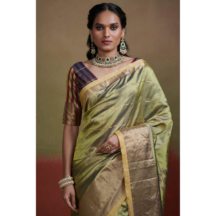 Dressfolk Green Chanderi Silk Saree with Zari Stripes without Blouse