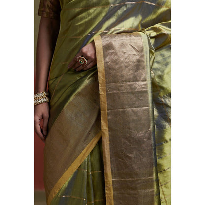 Dressfolk Green Chanderi Silk Saree with Zari Stripes without Blouse