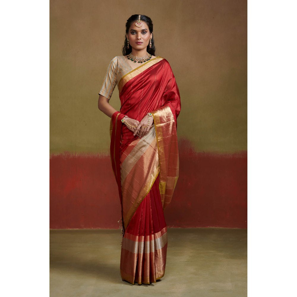 Dressfolk Heavy Weight Red Handloom Silk Saree without Blouse