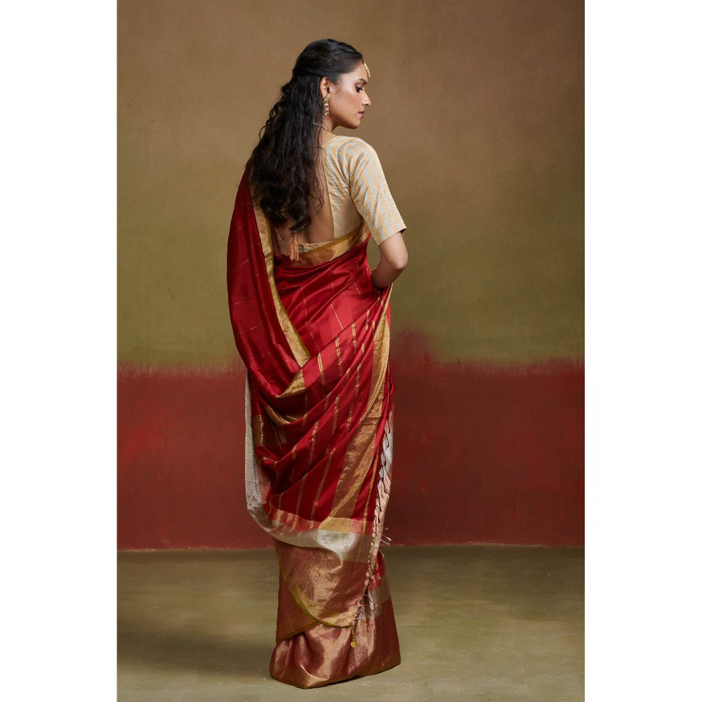 Dressfolk Heavy Weight Red Handloom Silk Saree without Blouse