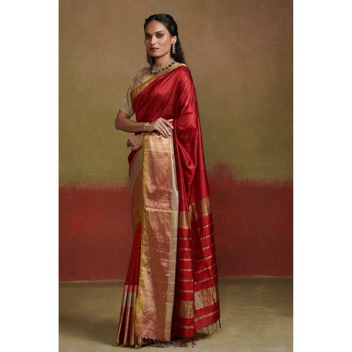 Dressfolk Heavy Weight Red Handloom Silk Saree without Blouse