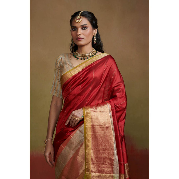 Dressfolk Heavy Weight Red Handloom Silk Saree without Blouse