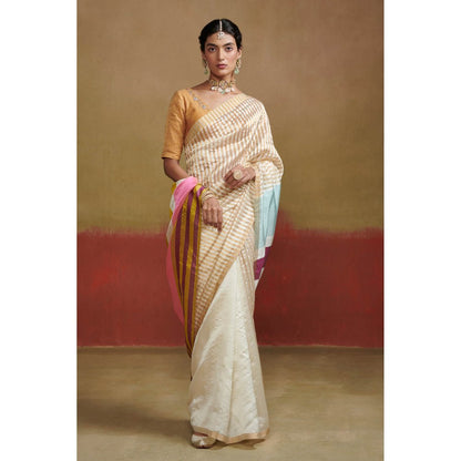 Dressfolk Ivory Handloom Silk Saree with Colourful Stripes without Blouse