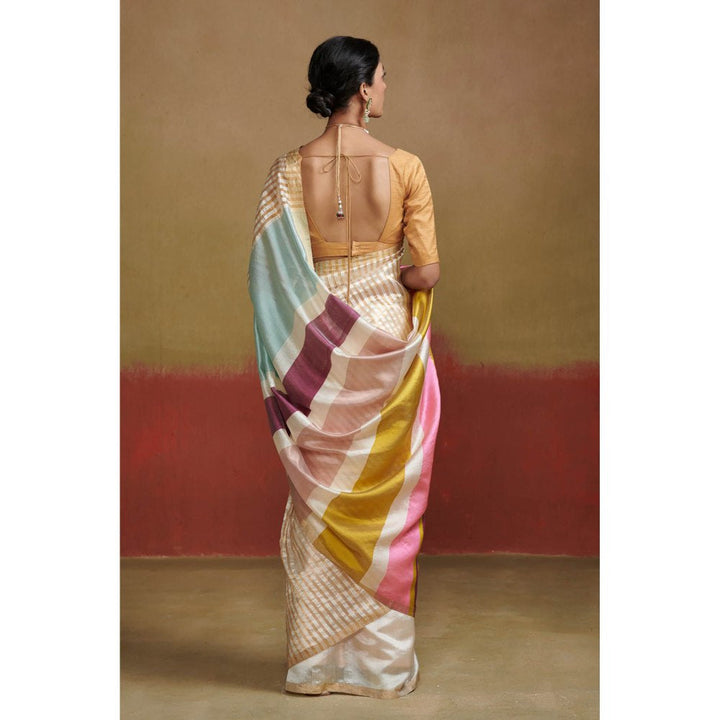 Dressfolk Ivory Handloom Silk Saree with Colourful Stripes without Blouse