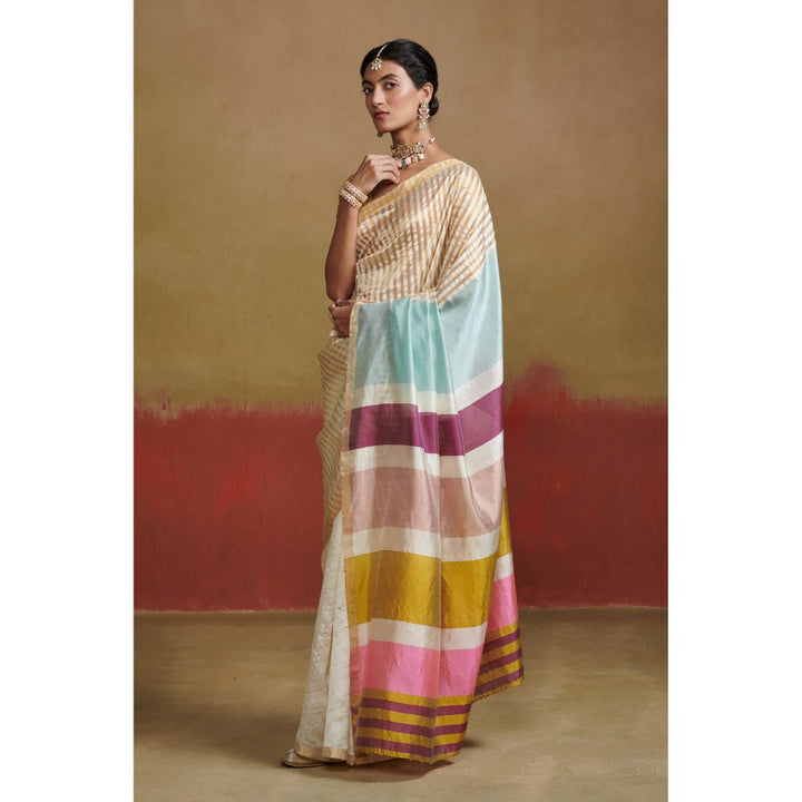 Dressfolk Ivory Handloom Silk Saree with Colourful Stripes without Blouse