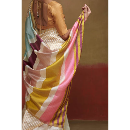 Dressfolk Ivory Handloom Silk Saree with Colourful Stripes without Blouse