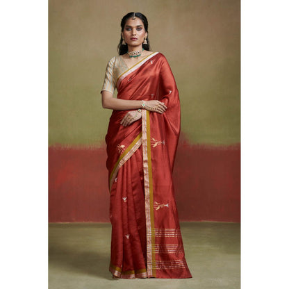 Dressfolk Brick Red Chanderi Handloom Silk Saree with Zari without Blouse