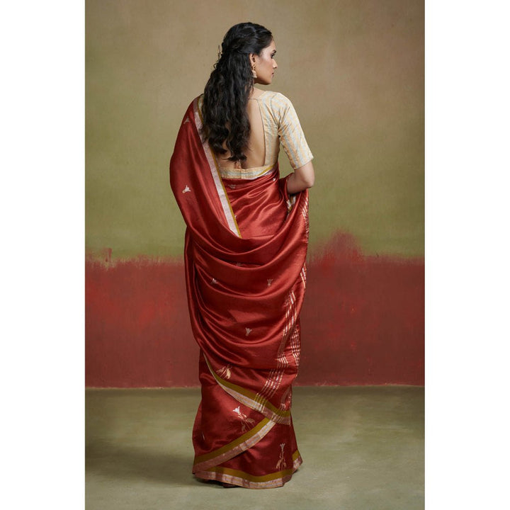 Dressfolk Brick Red Chanderi Handloom Silk Saree with Zari without Blouse
