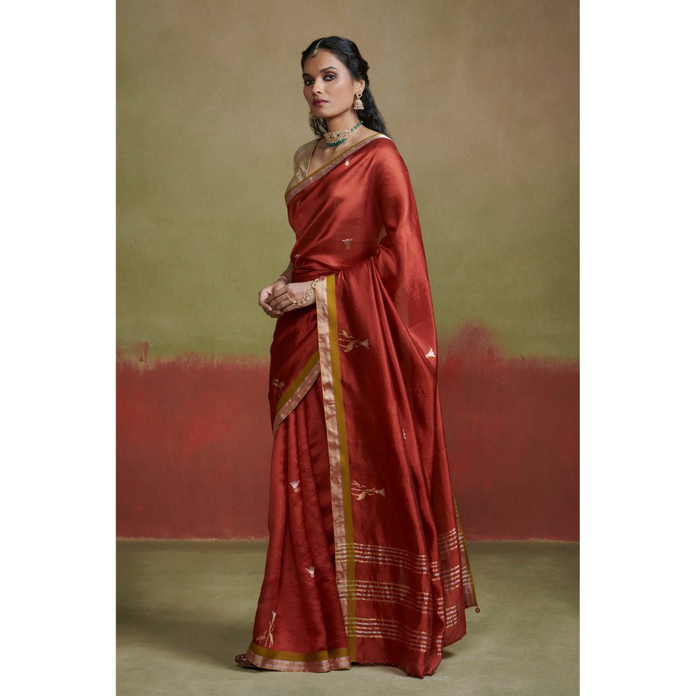 Dressfolk Brick Red Chanderi Handloom Silk Saree with Zari without Blouse