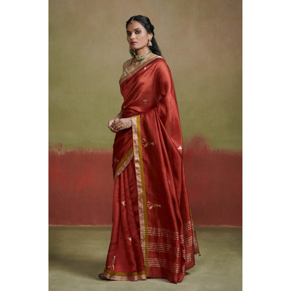 Dressfolk Brick Red Chanderi Handloom Silk Saree with Zari without Blouse