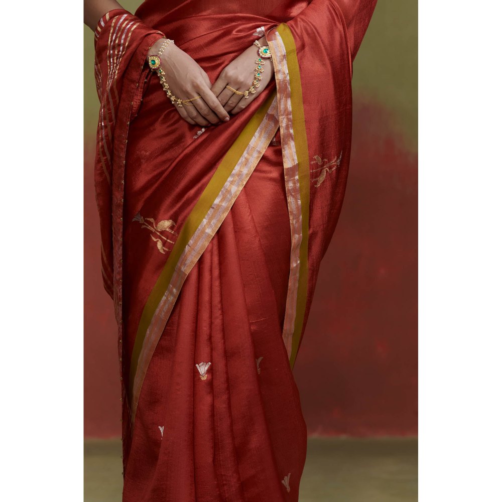 Dressfolk Brick Red Chanderi Handloom Silk Saree with Zari without Blouse
