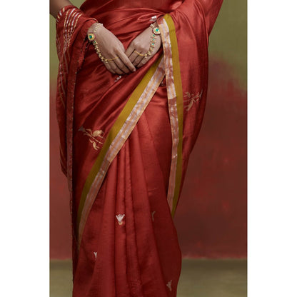 Dressfolk Brick Red Chanderi Handloom Silk Saree with Zari without Blouse