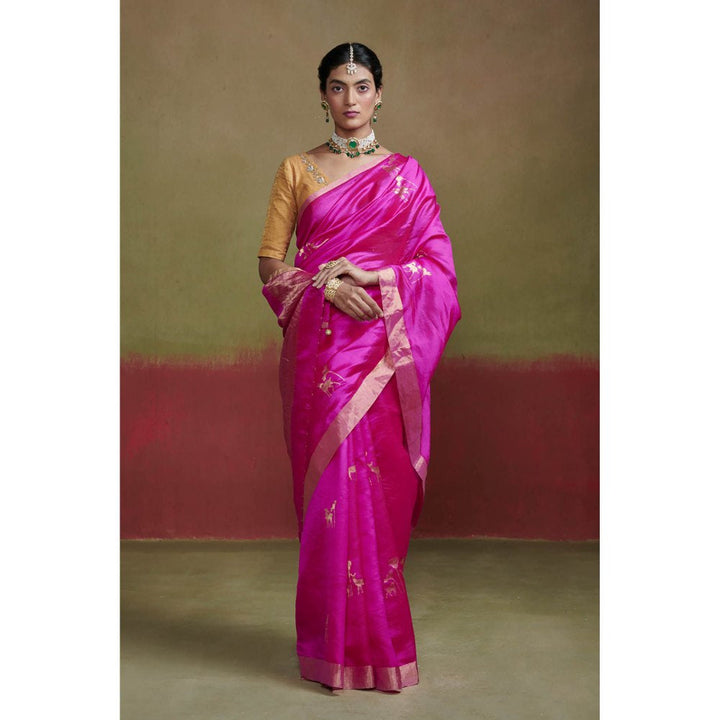 Dressfolk Fuchsia Pink Chanderi Handloom Silk Saree without Blouse