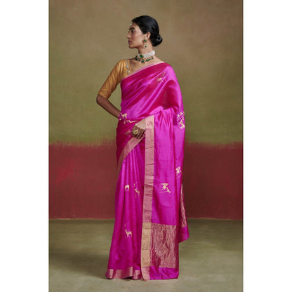 Dressfolk Fuchsia Pink Chanderi Handloom Silk Saree without Blouse