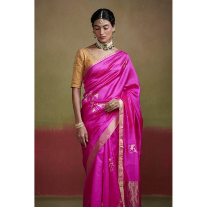 Dressfolk Fuchsia Pink Chanderi Handloom Silk Saree without Blouse