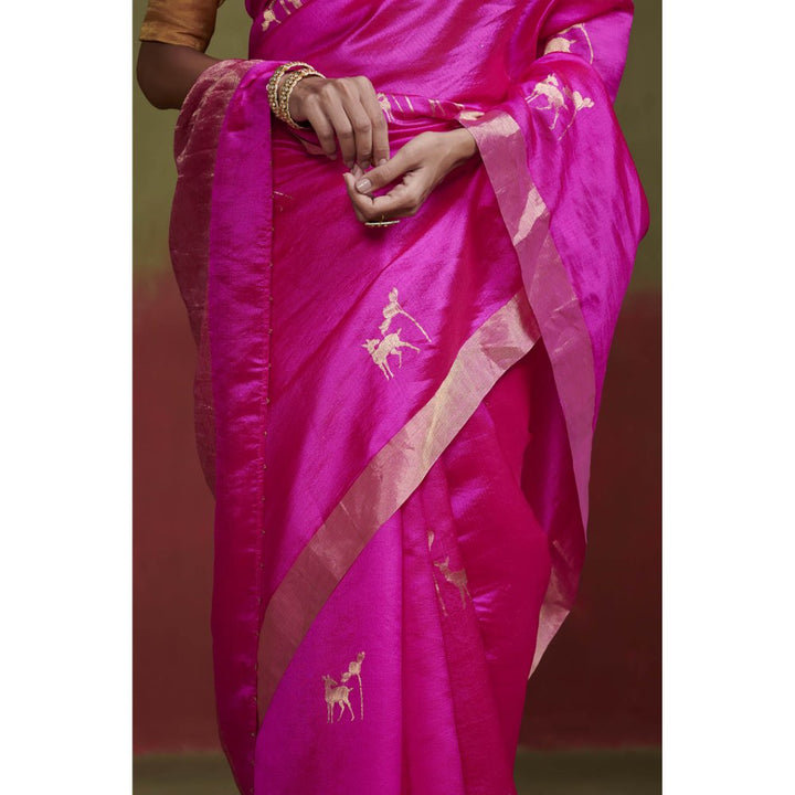 Dressfolk Fuchsia Pink Chanderi Handloom Silk Saree without Blouse