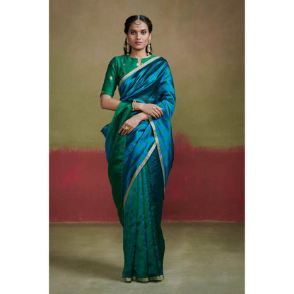 Dressfolk Green and Blue Chanderi Handloom Silk Saree with Beads without Blouse