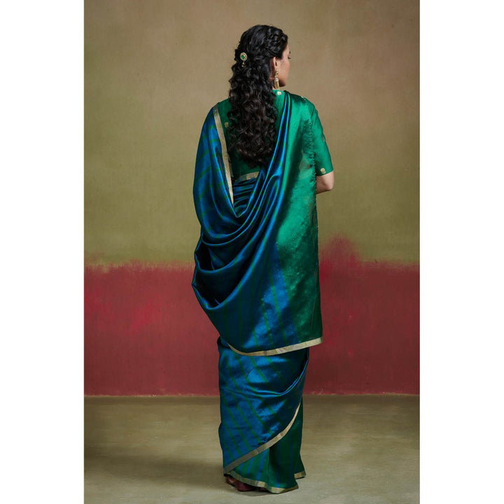 Dressfolk Green and Blue Chanderi Handloom Silk Saree with Beads without Blouse