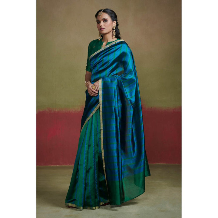 Dressfolk Green and Blue Chanderi Handloom Silk Saree with Beads without Blouse