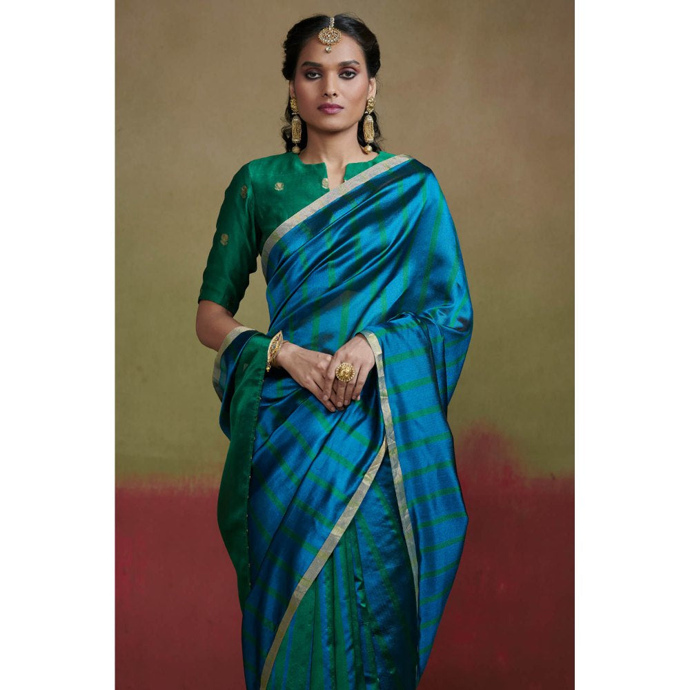 Dressfolk Green and Blue Chanderi Handloom Silk Saree with Beads without Blouse