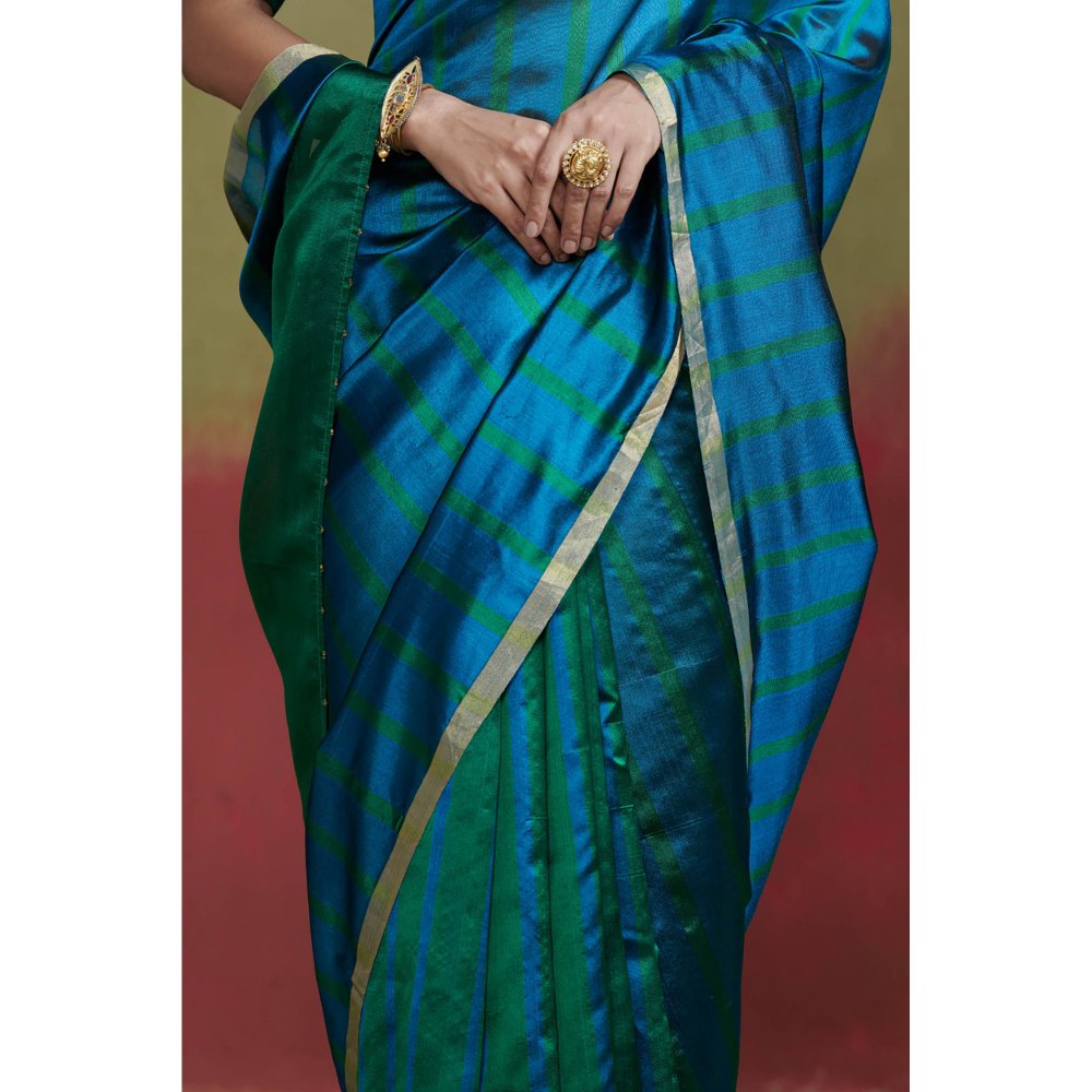 Dressfolk Green and Blue Chanderi Handloom Silk Saree with Beads without Blouse
