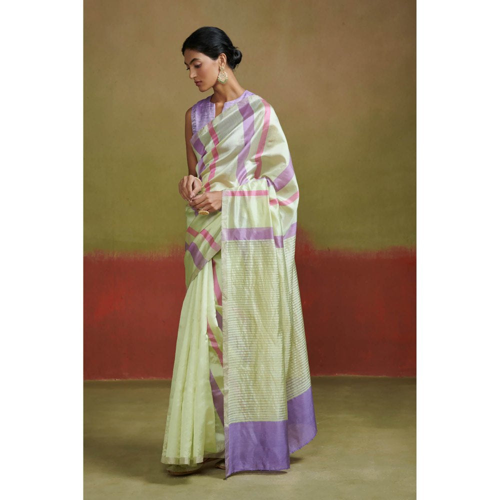 Dressfolk Pastel Green Chanderi Silk Saree with Beads without Blouse