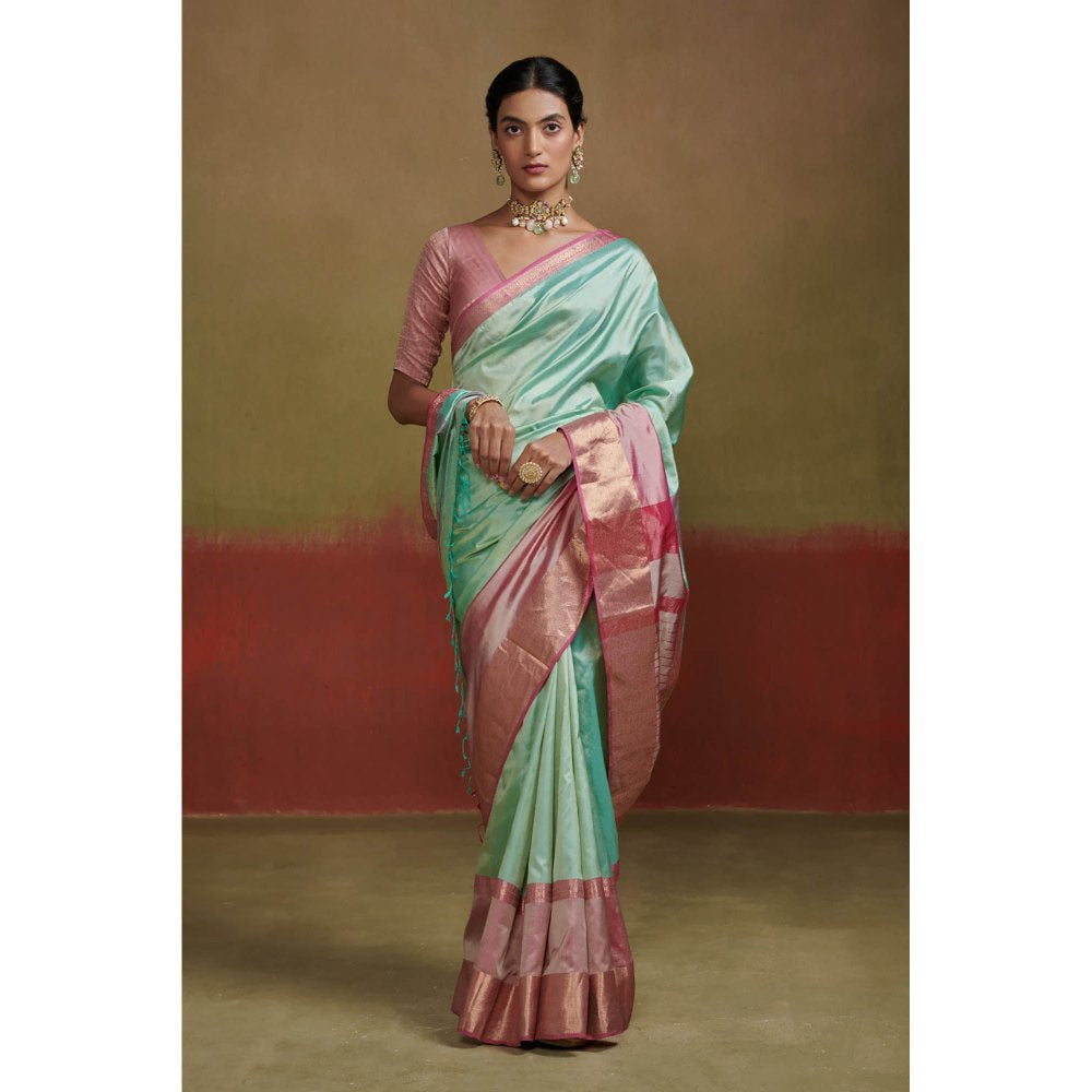 Dressfolk Mint Green Handloom Silk Saree with Beads without Blouse