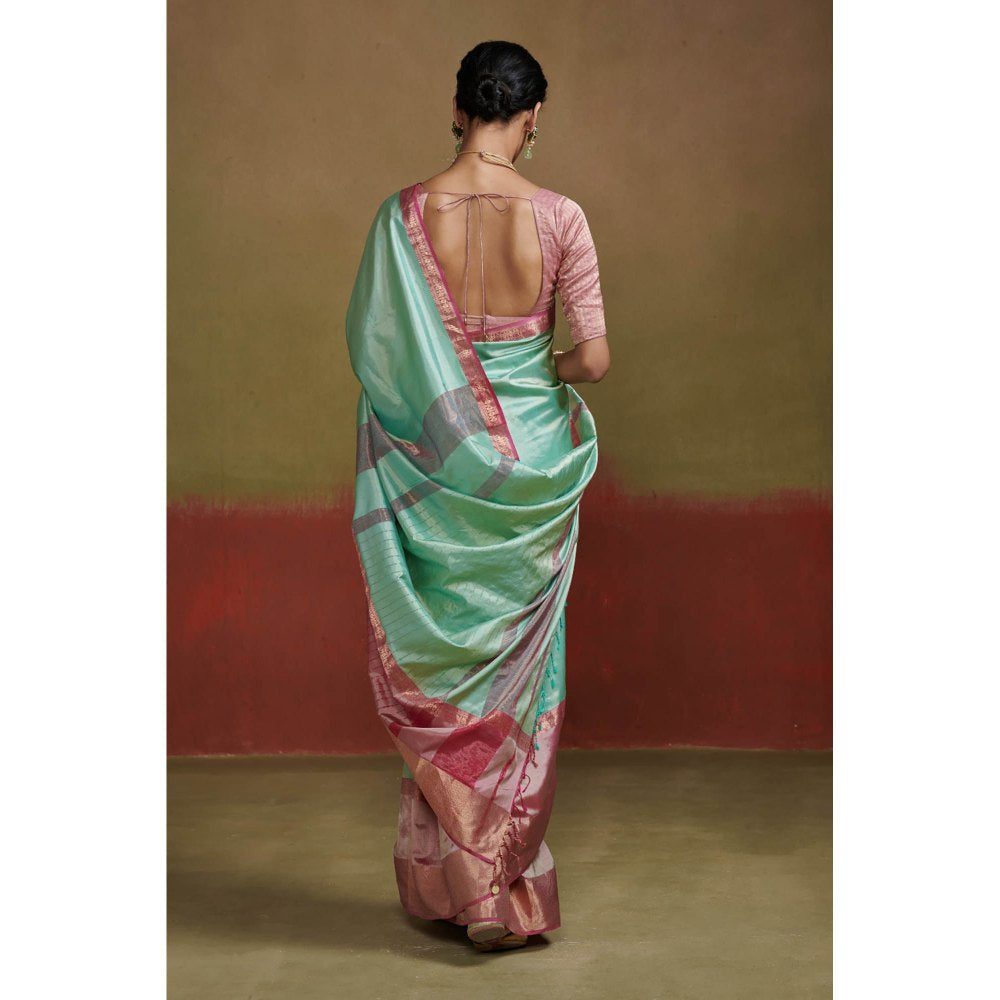 Dressfolk Mint Green Handloom Silk Saree with Beads without Blouse