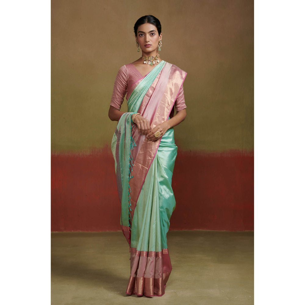 Dressfolk Mint Green Handloom Silk Saree with Beads without Blouse