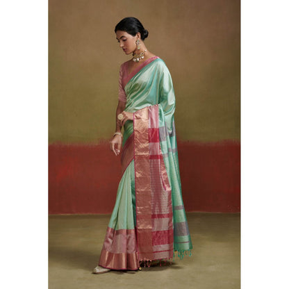 Dressfolk Mint Green Handloom Silk Saree with Beads without Blouse