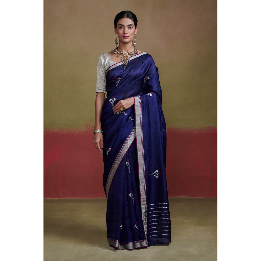 Dressfolk Dark Blue Chanderi Silk Saree with Beads without Blouse