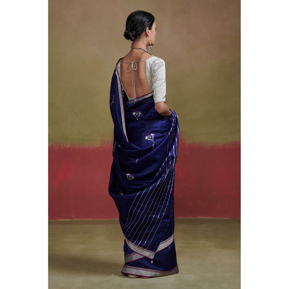 Dressfolk Dark Blue Chanderi Silk Saree with Beads without Blouse
