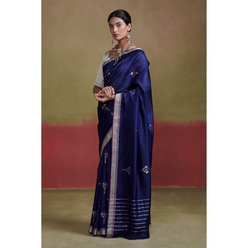 Dressfolk Dark Blue Chanderi Silk Saree with Beads without Blouse