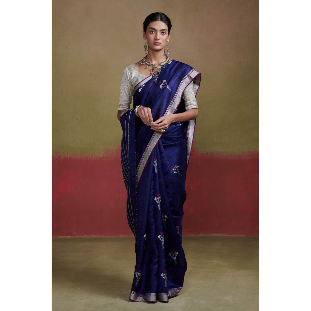 Dressfolk Dark Blue Chanderi Silk Saree with Beads without Blouse