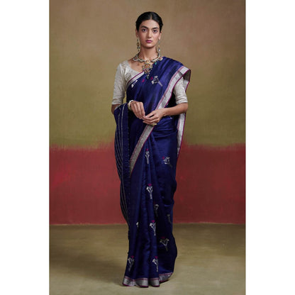Dressfolk Dark Blue Chanderi Silk Saree with Beads without Blouse