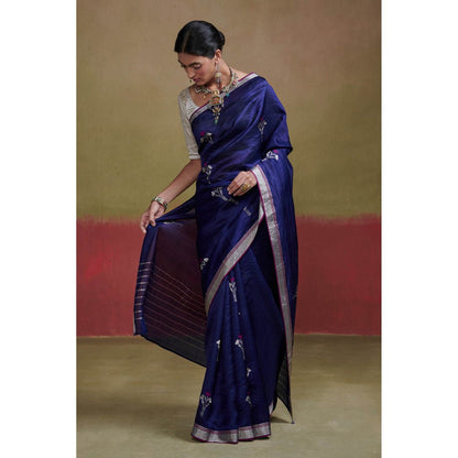 Dressfolk Dark Blue Chanderi Silk Saree with Beads without Blouse