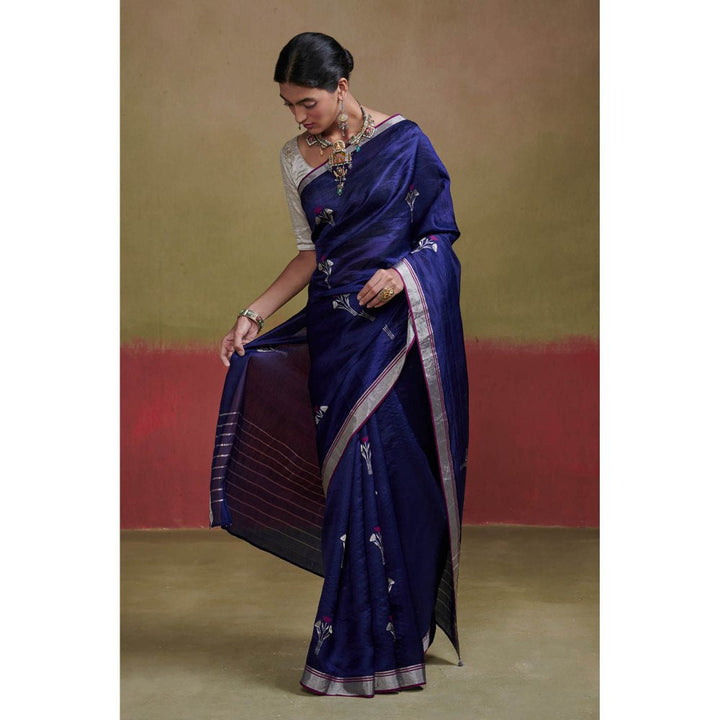 Dressfolk Dark Blue Chanderi Silk Saree with Beads without Blouse